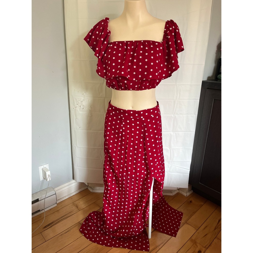 Red White Polka Dot Two Piece Set Crop Top Maxi Skirt Slit Large